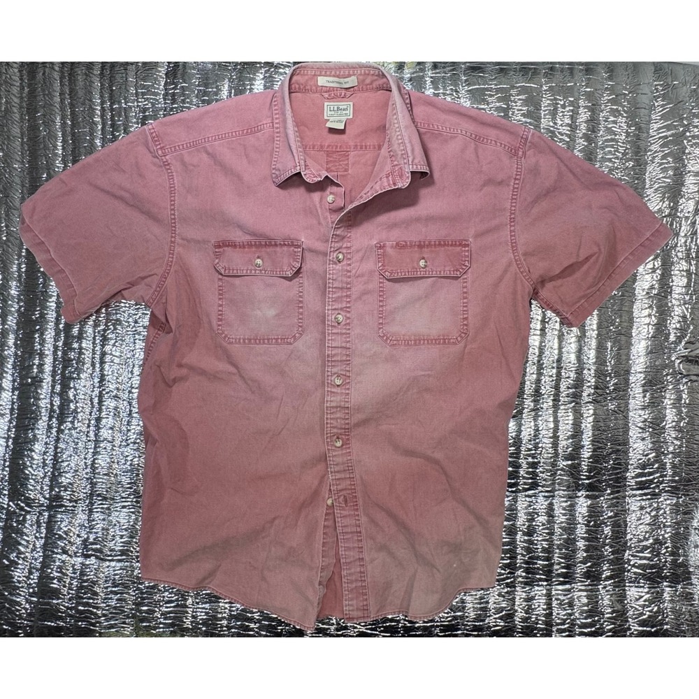 LL Bean Mens XL Traditional Fit Short Sleeve Button Down Shirt Faded Red 270135